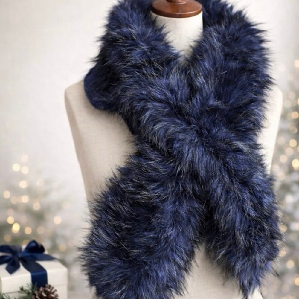 Club Monaco Mayra Scarf Faux Fur Dark Blue Wrap Stole